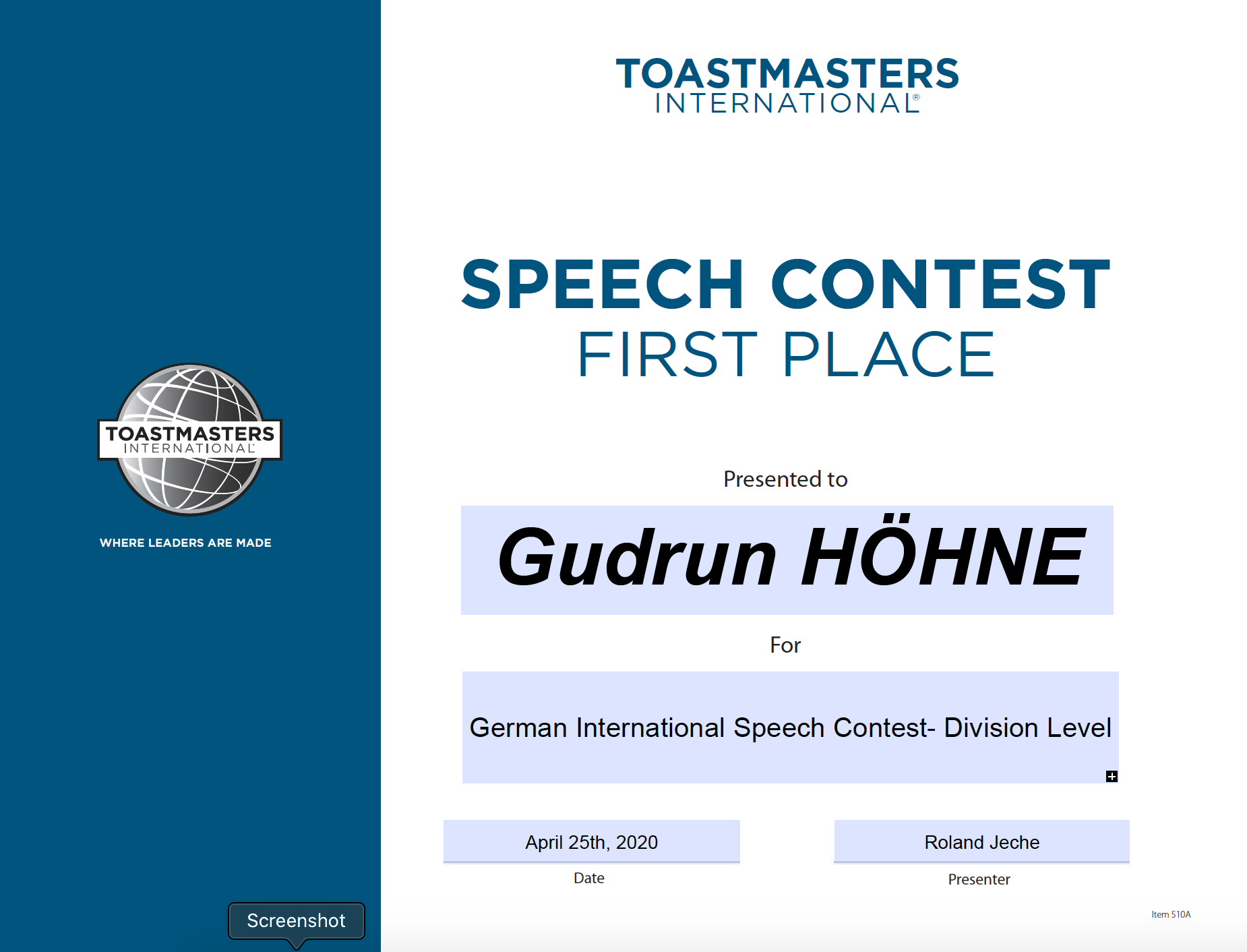 Gudrun Hoehne Redewettbewerb 1. Platz 2020